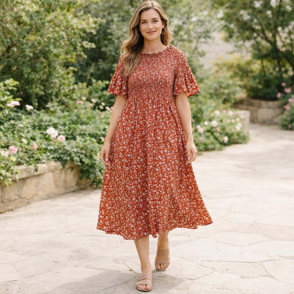 Polagram Rust Floral Midi Dress - Picture 2 of 8